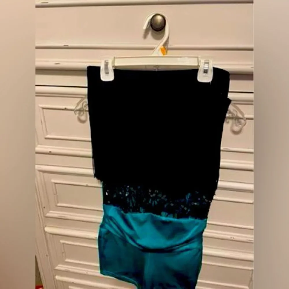 Adult Small 3pc Dance Costume Turquoise & Black With Sequins Fringe Leotard Tap
